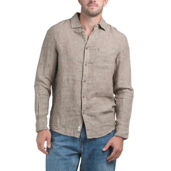 DANIEL HECHTER PARIS Coffee Bean Linen Long Sleeve Front Pocket Shirt